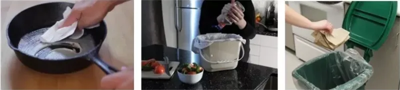 Image Carousel of Hardened Grease, Salad Dressing, and Paper Towel going into Green Bin