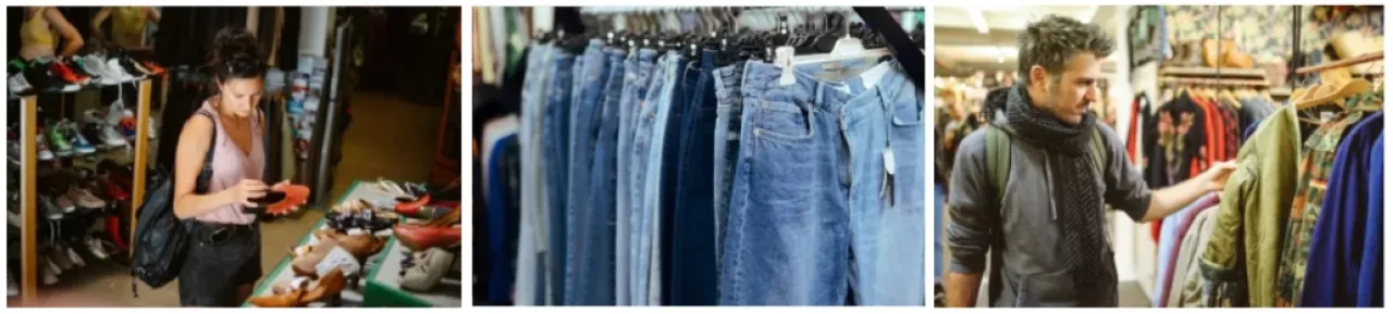 Image Carousel of Woman Shopping, Rack of Jeans, and a Man Shopping