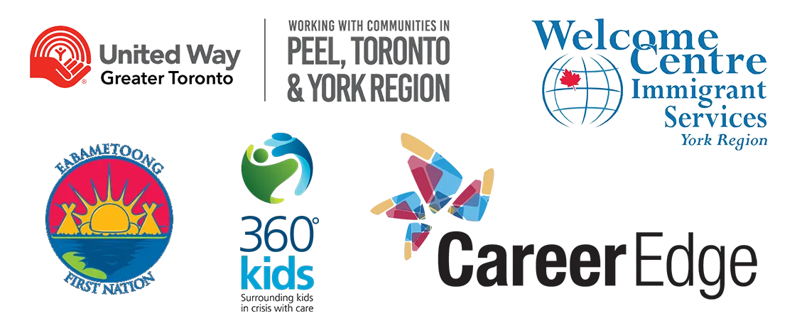 Logos and seals for United Way Greater Toronto, Welcome Centre Immigration Services, Eabametoong First Nation, 360 kids, and Career Edge.