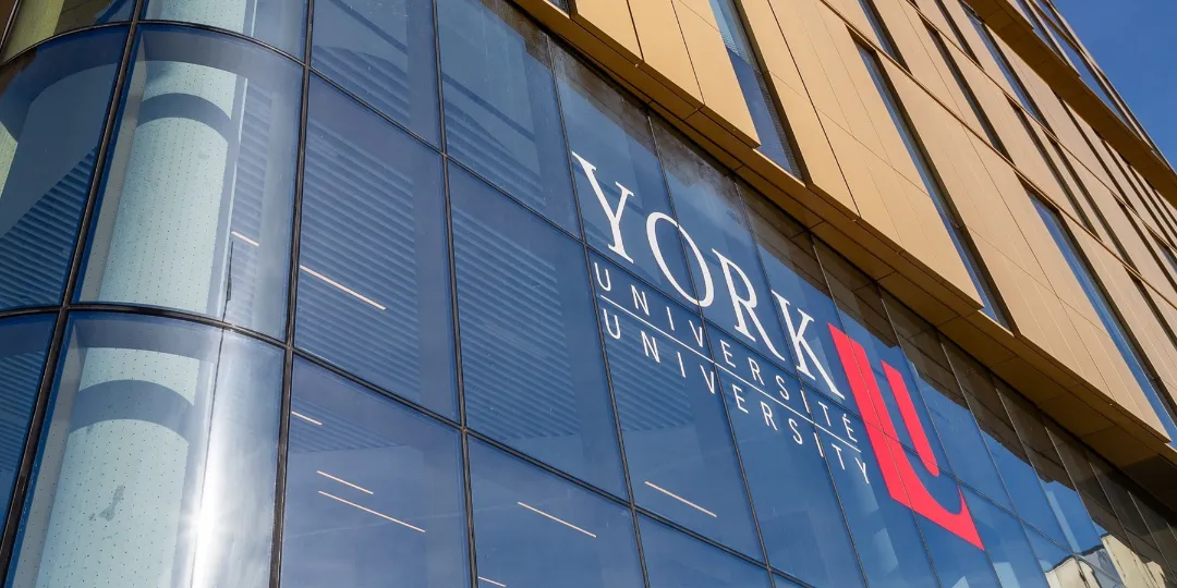 Exterior view of the York University Markham Campus, featuring a modern building façade with large glass windows, vertical wood-toned panels, and prominent “YORK” signage against a blue sky.